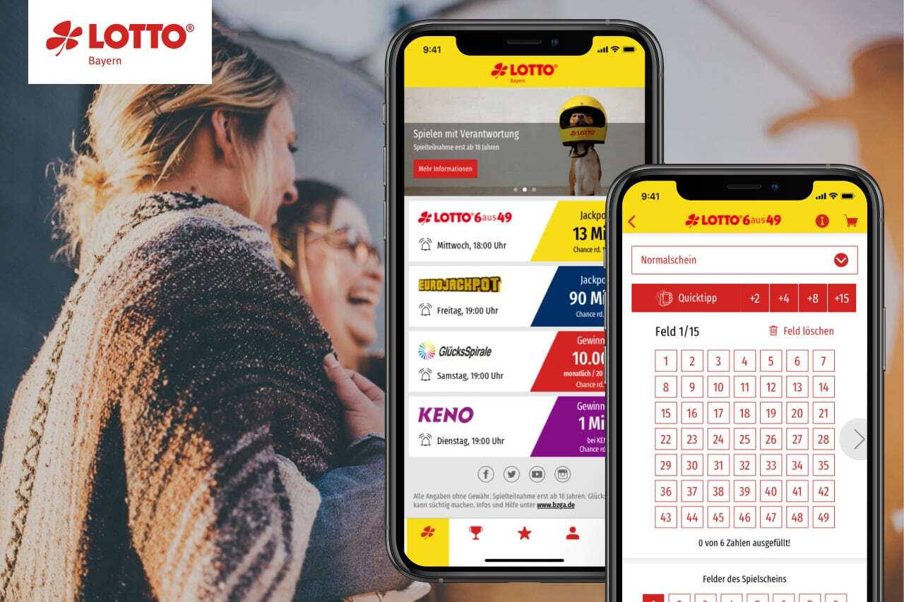 Grafik mit zwei Screenshots zur Lotto Bayern Online App