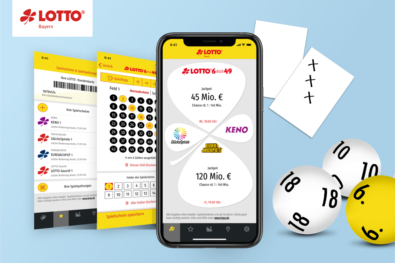 Referenzbild mit 3 Screenshots der Lotto Bayern Säpp App